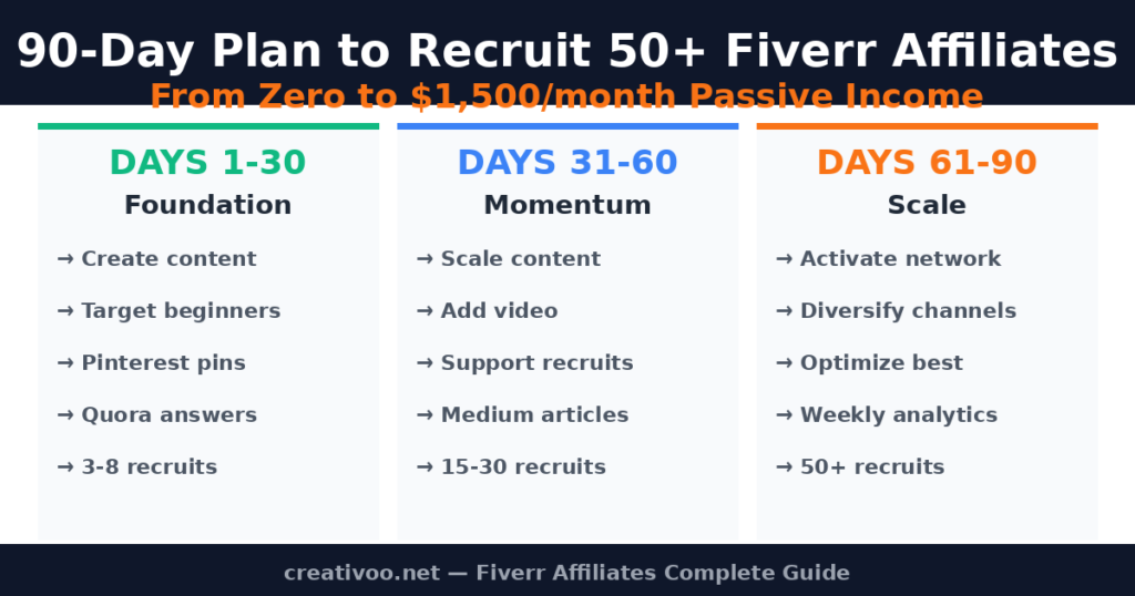 90-day action plan to recruit 50 Fiverr affiliates and earn 1500 dollars per month passive income 